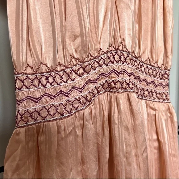 NWOT Ulla Johnson Peach Satin Embroidered Waist Midi Dress Sz 0 - Picture 3 of 10